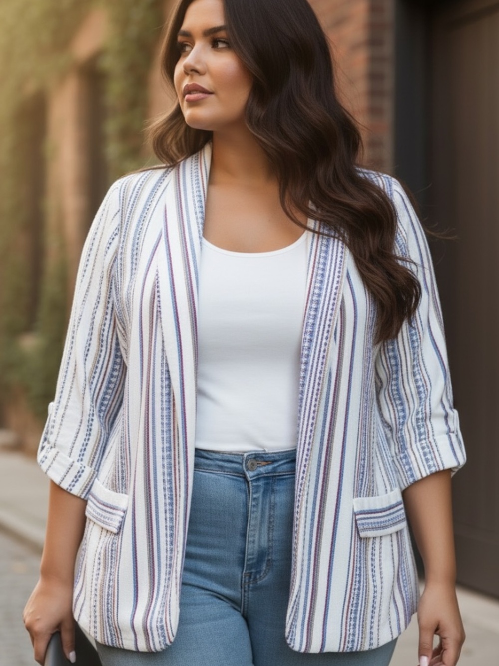 NWT Plus Size 3/4 Sleeve Open Front Dash Stripe Blazer